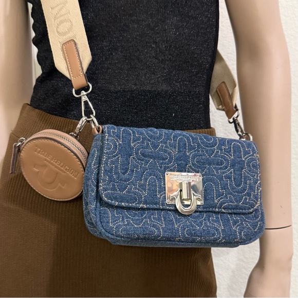 TRUE RELIGION Denim Quilted Horseshoe Wide Strap Coin Purse Flap Crossbody Bag - Picture 2 of 16